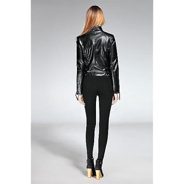 Adhdyuud Vrouwen PU lederen korte jas slanke punk uitloper lange mouw motorfiets zwarte uitloper